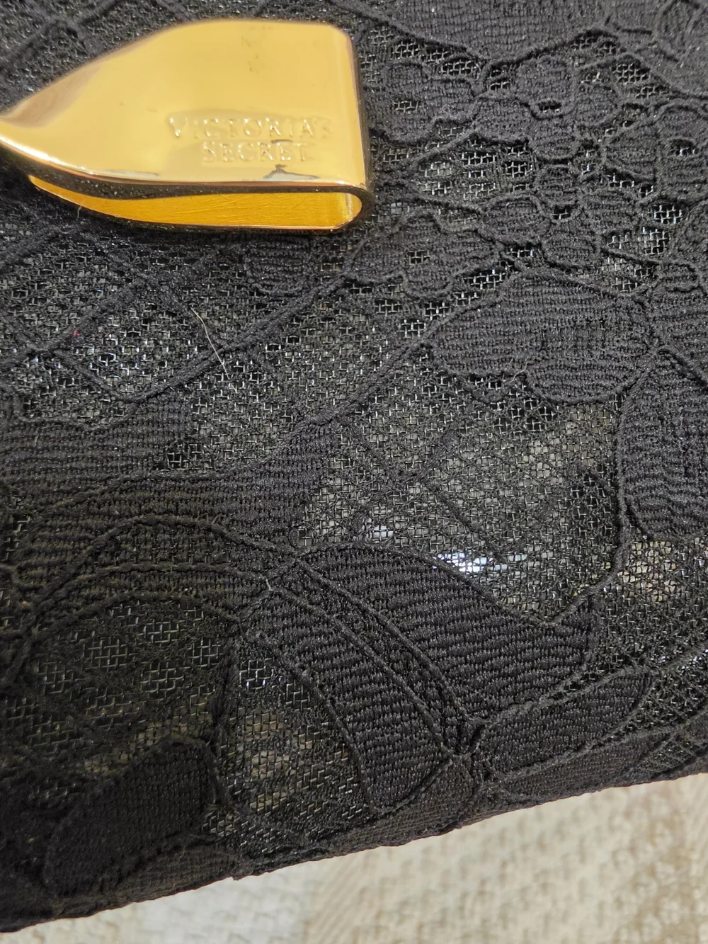 Victoria's Secret Black Lace Cosmetic Pouch with Gold Bow Accent